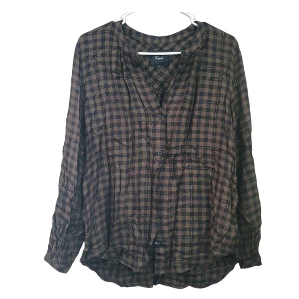 Rails Button Up Shirt Blouse Size Medium Olive Black‎ Gold Metallic Plaid